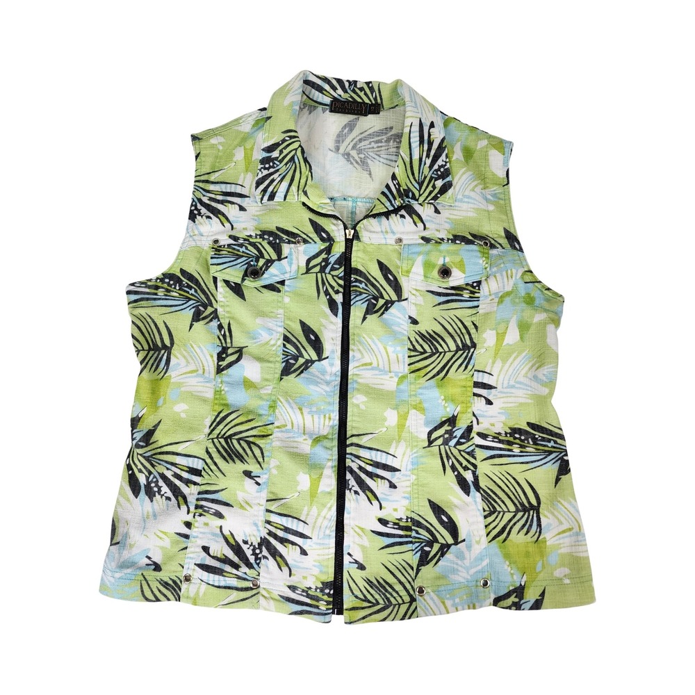 Picadilly Fashions Womens Green Tropical Palm Leaf Zip Front Vest Size 12